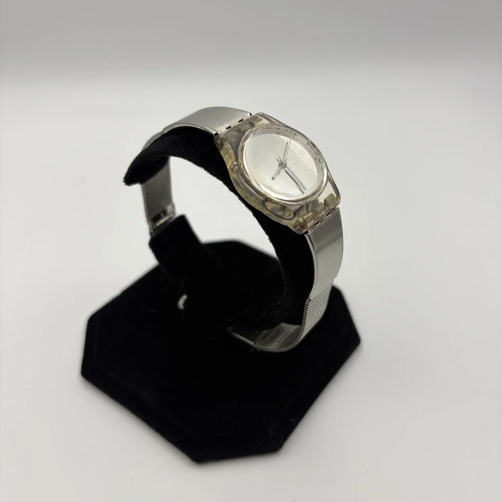 Womens Vintage Swatch Clear Case Watch Silver Mesh Band - needs battery